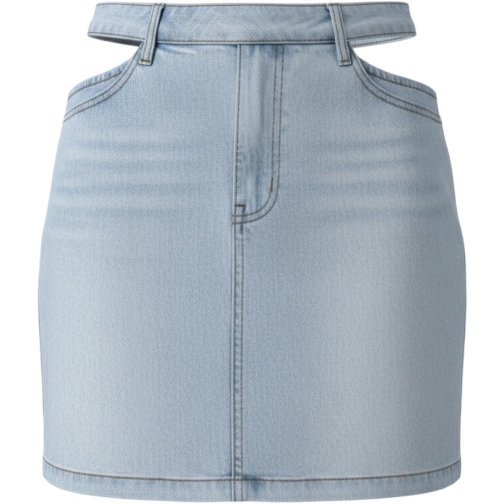 WeWoreWhat Denim Cut Out Mini Skirt Light Wash Buckled Strap WWDB94-3 Size M